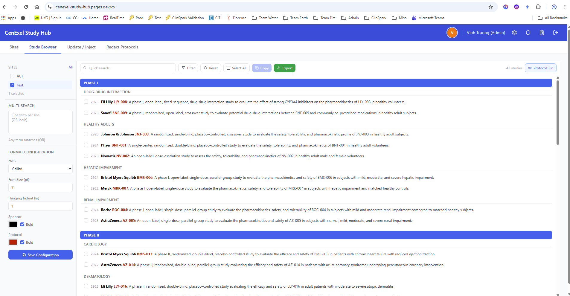 Web application showing the Study Browser with studies grouped by phase and subcategory